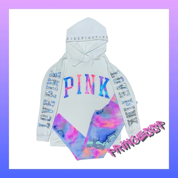 PINK VS WATERCOLOR BLING HOODIE AND LEGGINGS SET - Picture 1 of 9